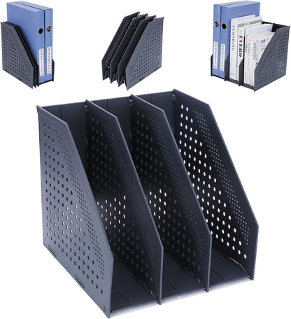 FRETONBA Collapsible Magazine File Holder with 2 Vertical Compartments Foldable Binder Holder for Desk Binder Storage Organizer Plastic Magazine Holders for Shelf, Dark Gray
