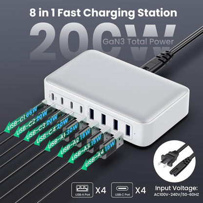 USB C Charger 200W USB C Charger Block,Upgraded GaN III 8-Port Fast Charging Station Hub,PD 65W Laptop Charging Adapter Compatible with MacBook Pro/Air,DELL,Steam Deck,iPhone 16/15/14,Galaxy S23/22