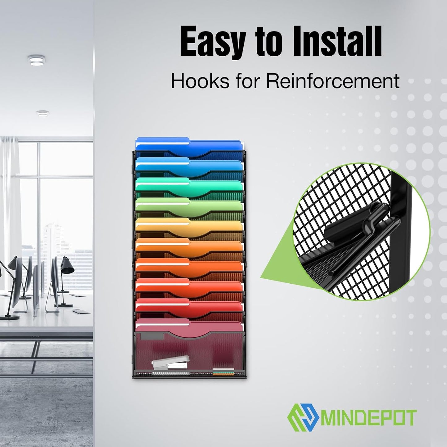 MINDEPOT 7-Tier Wall Hanging File Organizer Cubicle Hanging Organizer Mount File Holder, Mesh Magazine Document Mail Organizer Wall Organizer for Office School Home, Black