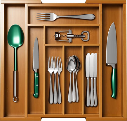 Pipishell Bamboo Expandable Silverware Drawer Organizer, Adjustable Kitchen Utensil Tray for Forks, Spoons and Knives, Wood Storage Cutlery Holder for Bedroom and Living Room