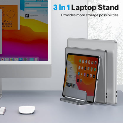 OMOTON Vertical Laptop Stand [Updated 3-Slots Version], Desktop Aluminum Mac Book Stand with Adjustable Dock Size, Fits All Mac Book, Chrome Book and Gaming Laptops (Up to 17.3 inch), Starlight