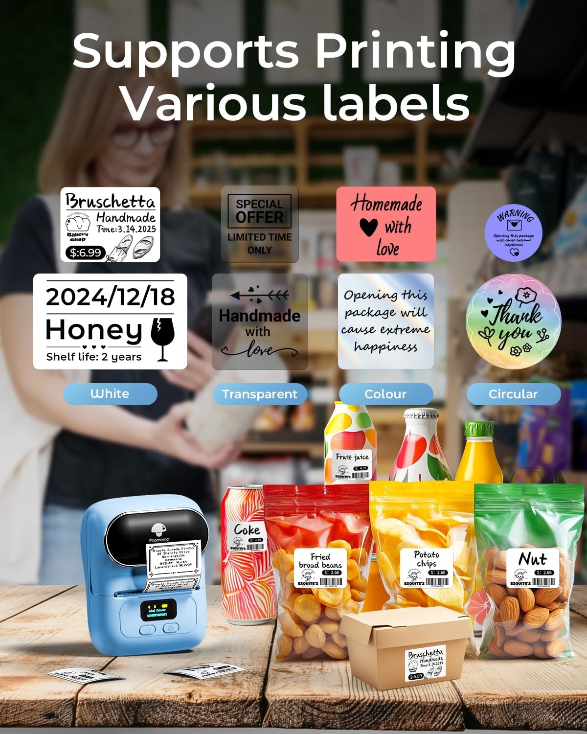Phomemo M110 Label Makers - Barcode Label Printer Bluetooth Label Maker Portable Thermal Printer for Small Business, Address, Barcode, Logo, Clothing, Mailing, Sticker Printers for Phone & PC, Black