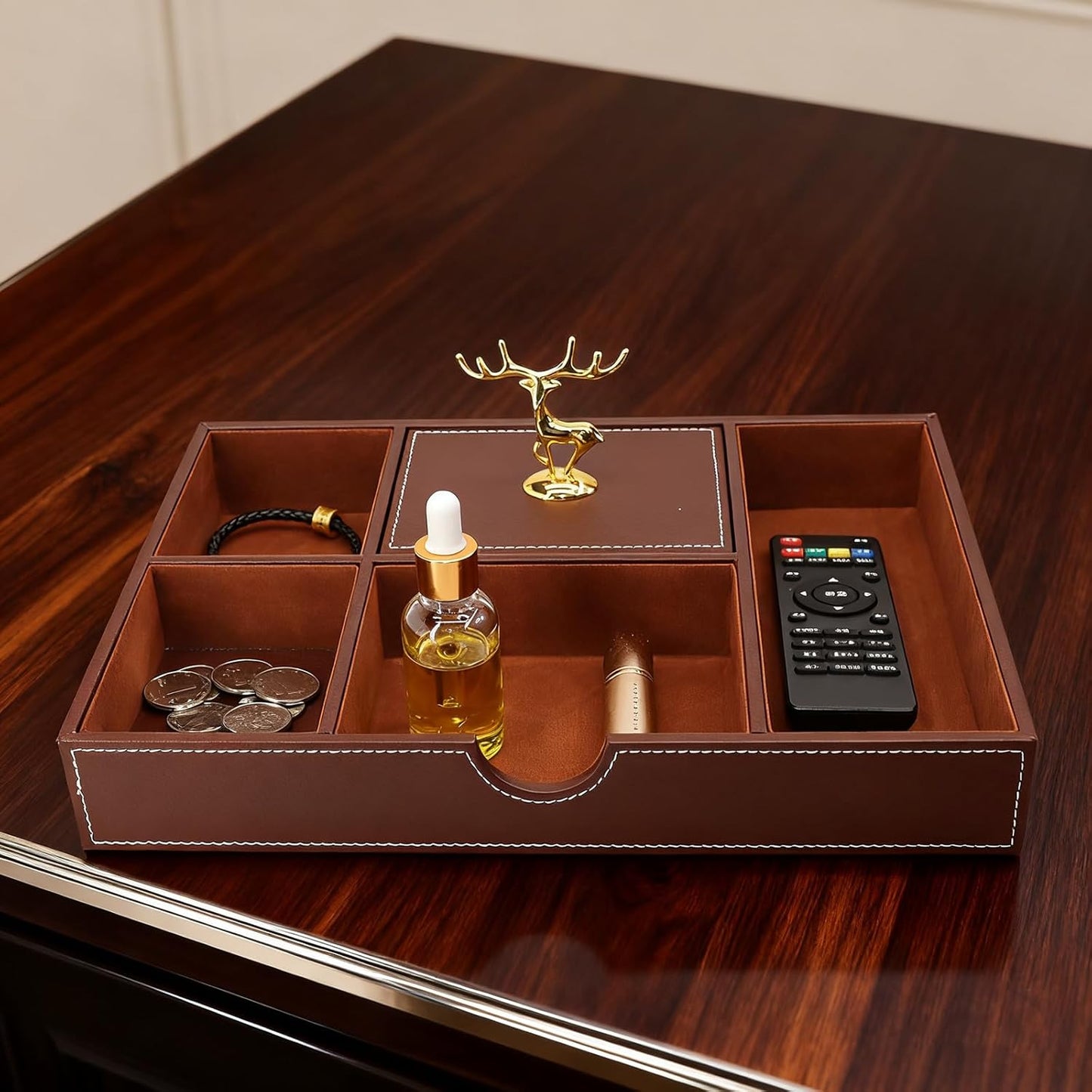 Jewelry Trays Nightstand Organizer, Valet Tray for Men and Women, Dressing Table Storage Box, Dark Brown Faux Leather, 5 Compartment