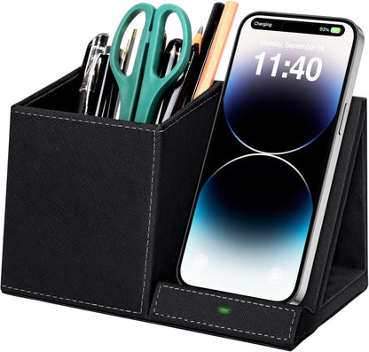Bamboo Pen Holder for Desk & Nightstand Organizer with Fast Wireless Charging for iPhone, Samsung & More – Office Desk Accessories for Men/Women (Natural)