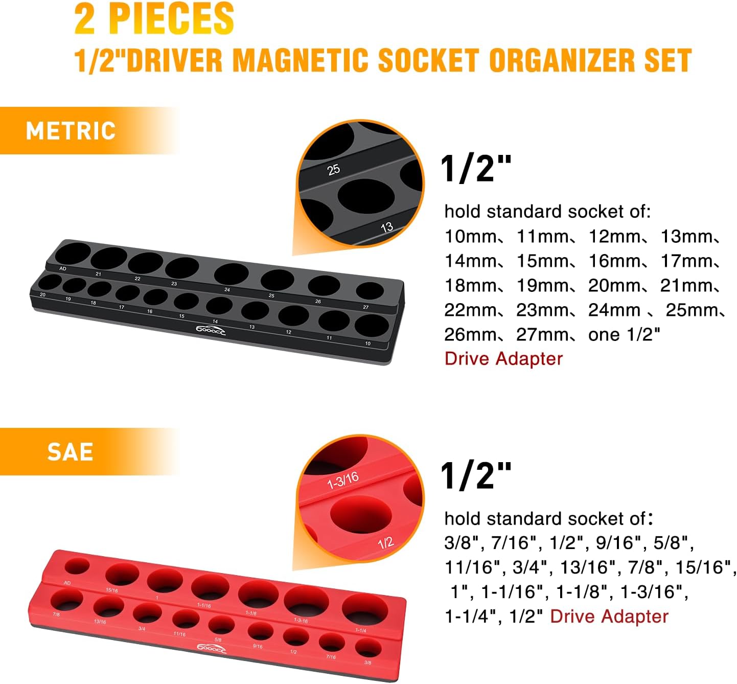 GOOACC 1/4" Magnetic Socket Organizer, 2 Pieces Socket Holder Metric SAE Socket Tray, 1/4 inch Socket Organizer Tray Holds 52 Standard Sockets for Tool Box Drawer