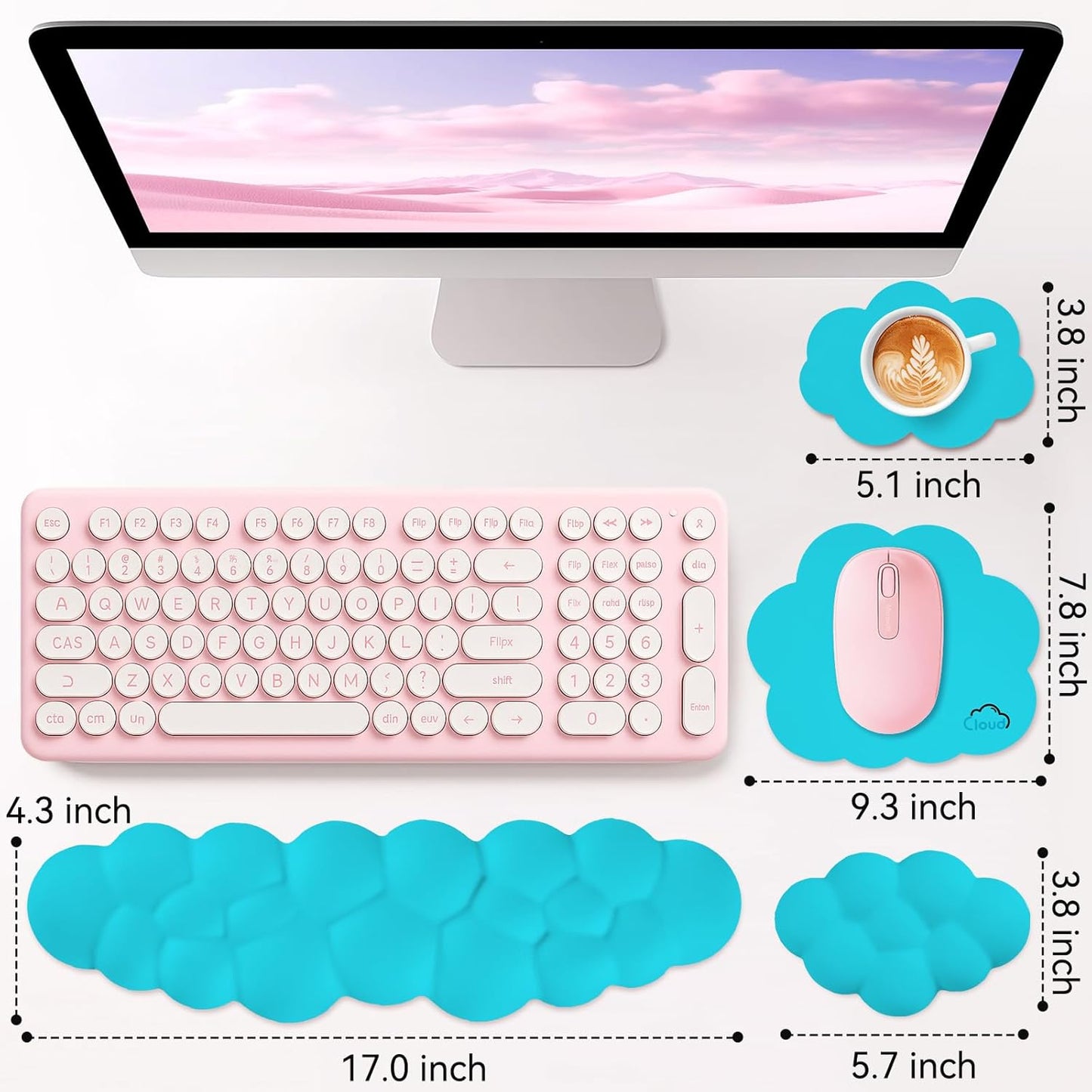 Sushret Cloud Wrist Rest for Computer Keyboard, 4-in-1 Memory Foam Leather Cloud Keyboard Wrist Rest and Mouse Pad Set with Ergonomic Support for Arm and Palm Cushion, Gaming/Work Setup, Rainbow