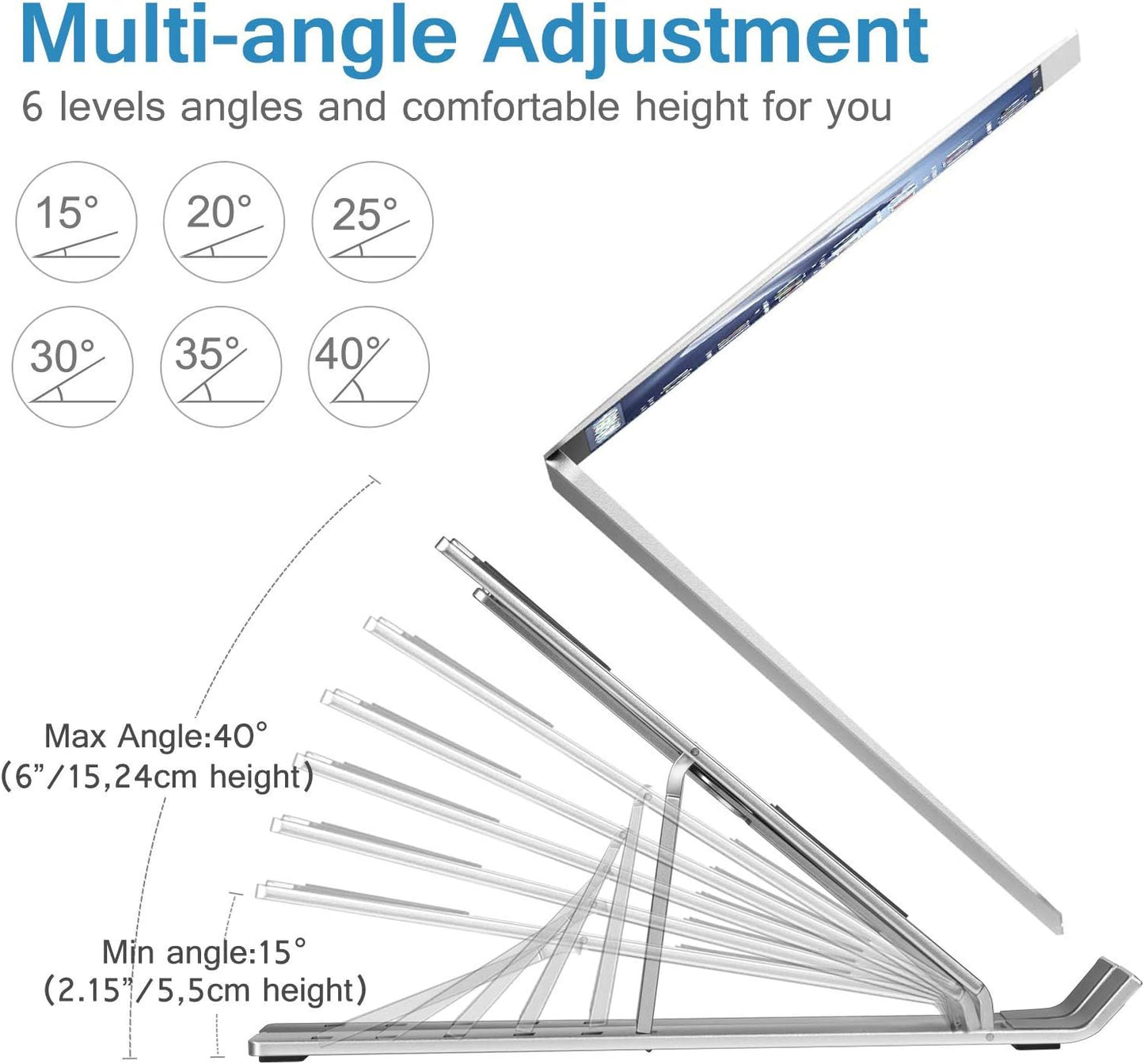 T Legend Aluminum Laptop Stand for Desk, Arae Adjustable Ergonomic Portable Holder, Foldable Computer Stand 6 Angles Anti-Slip Laptop Riser Compatible with 9-15.6 inch Laptops (Aluminum Silver)