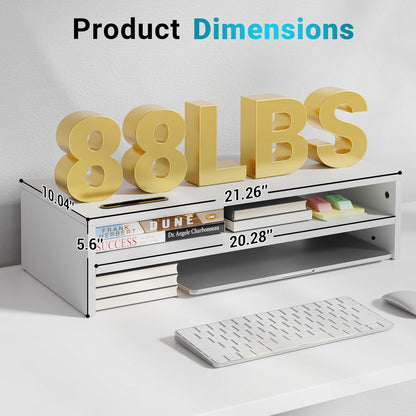 BONTEC Wooden Monitor Stand Riser, 2-Tier Desk Shelf with Storage Organizer, Ergonomic Computer Stand with Cable Management, Cellphone Holder, White, 16.5 Inch