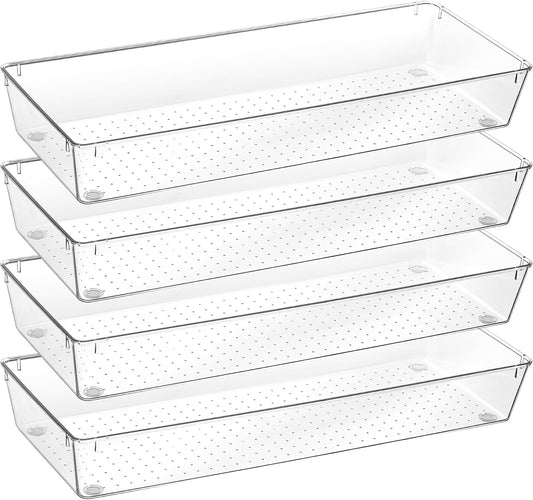 Vtopmart 4 Pack 15" X 6" Kitchen Drawer Organizers, Clear Plastic Drawer Organizer Tray, Storage Bins for Flatware, Silverware, Utensil, Cutlery
