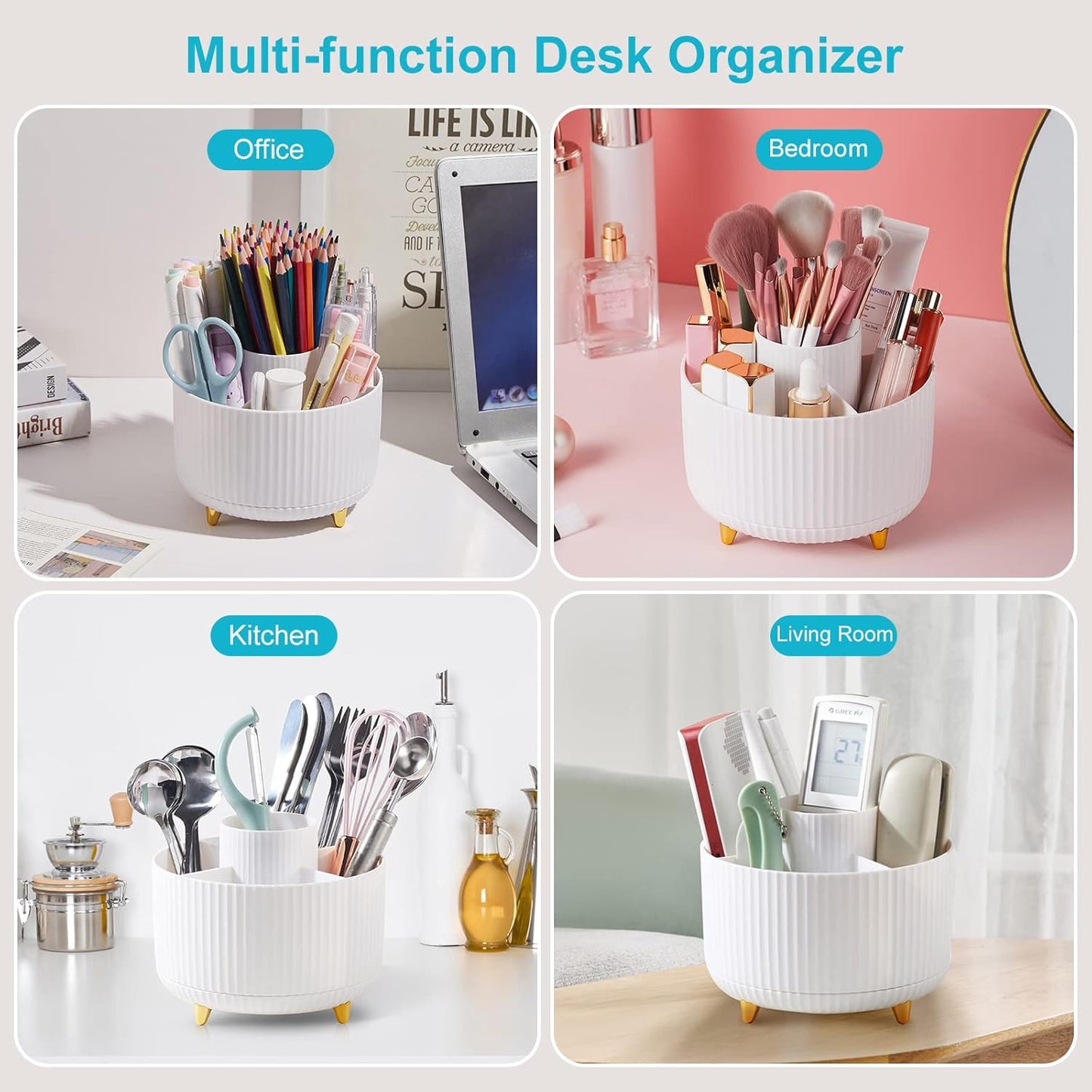 Desk Pencil Pen Holder, 5 Slots 360 Degree Rotating Pencil Pen Organizers for Desk Desktop Storage Stationery Supplies Organizer Cute Pen Cup for Office School Home Art Supply Cream Yellow