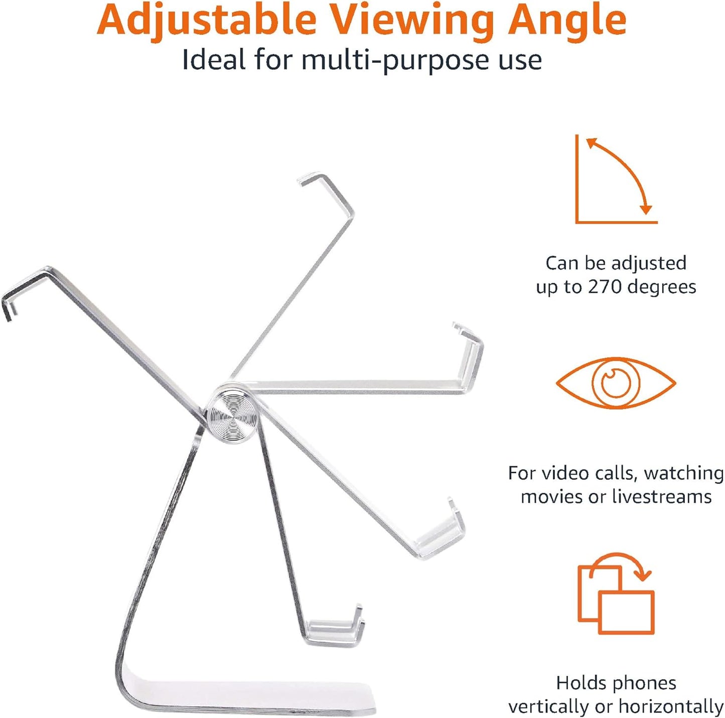Amazon Basics Adjustable Aluminum Phone Stand for Cell Phones, iPhone and Android, Desktop Phone Holder with Adjustable Angle, Hands-Free Viewing, 3.15 x 2.87 x 3.74 inch, Silver