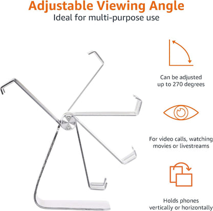 Amazon Basics Adjustable Aluminum Phone Stand for Cell Phones, iPhone and Android, Desktop Phone Holder with Adjustable Angle, Hands-Free Viewing, 3.15 x 2.87 x 3.74 inch, Silver