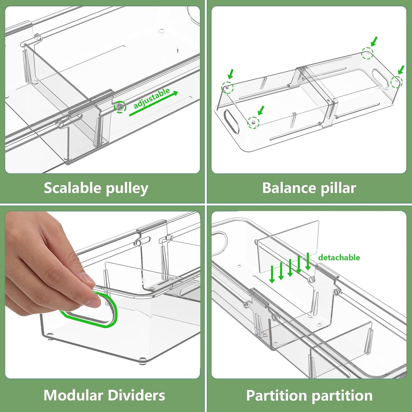 BLULEE Adjustable Clear Drawer Organizers, Expandable Bathroom Drawer Organizer Bins with Dividers, Versatile Makeup Organizer for Drawer, Plastic Desk Drawer Organizer (4 Pcs)