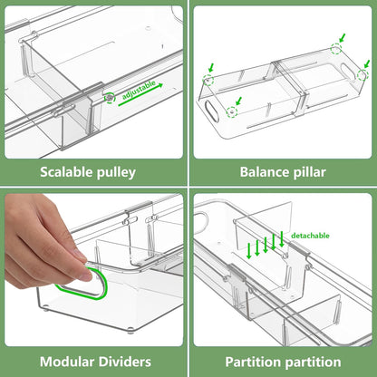BLULEE Adjustable Clear Drawer Organizers, Expandable Bathroom Drawer Organizer Bins with Dividers, Versatile Makeup Organizer for Drawer, Plastic Desk Drawer Organizer (4 Pcs)