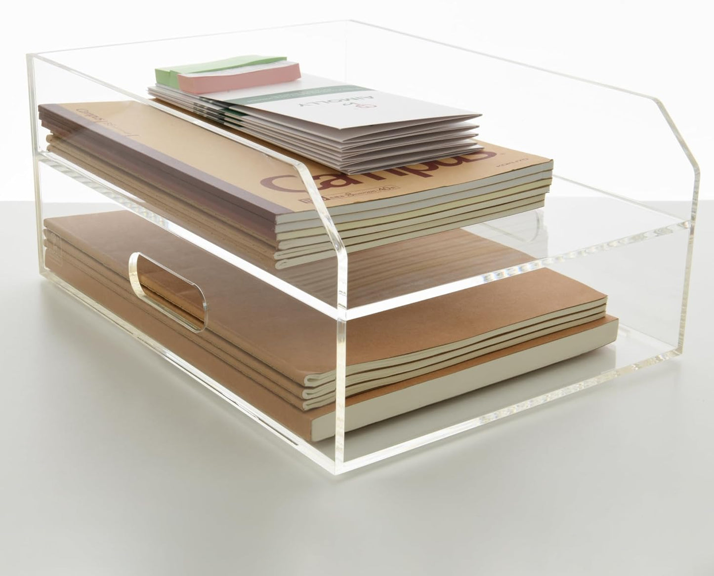 2-Tier Clear Acrylic Paper Trays, Desk File Organizer, A4 Paper Holder, Low-Profile Desk File Sorter for Office/Home, Clear Stackable Letter Tray for Bills, Crafts, Notebooks - Horizontal