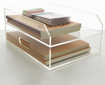 2-Tier Clear Acrylic Paper Trays, Desk File Organizer, A4 Paper Holder, Low-Profile Desk File Sorter for Office/Home, Clear Stackable Letter Tray for Bills, Crafts, Notebooks - Horizontal
