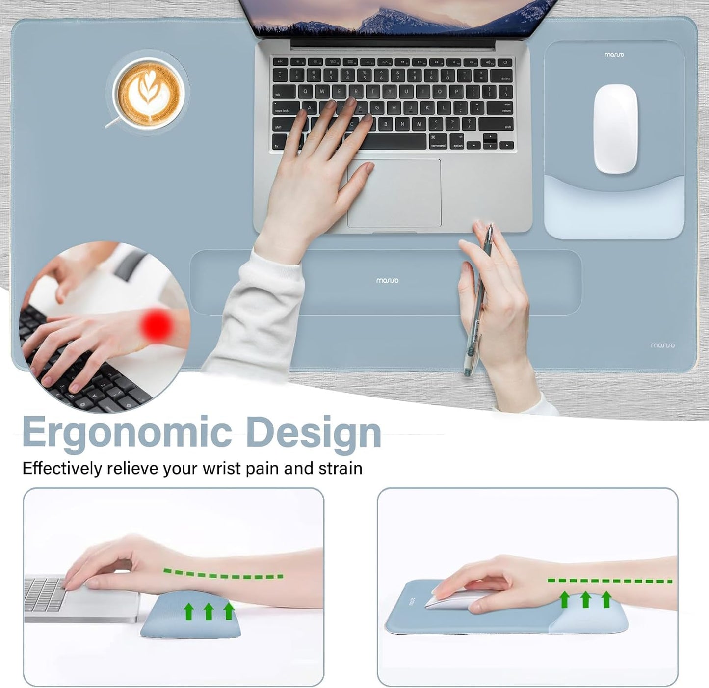 MOSISO Keyboard Mouse Pad Set, Large Gaming Mouse Pad&Rectangular Keyboard Wrist Rest&Mousepad with Wrist Rest&Coaster, Ergonomic Non-Slip&Easy Typing Pad with Curved Silicone Lining, Antique Green