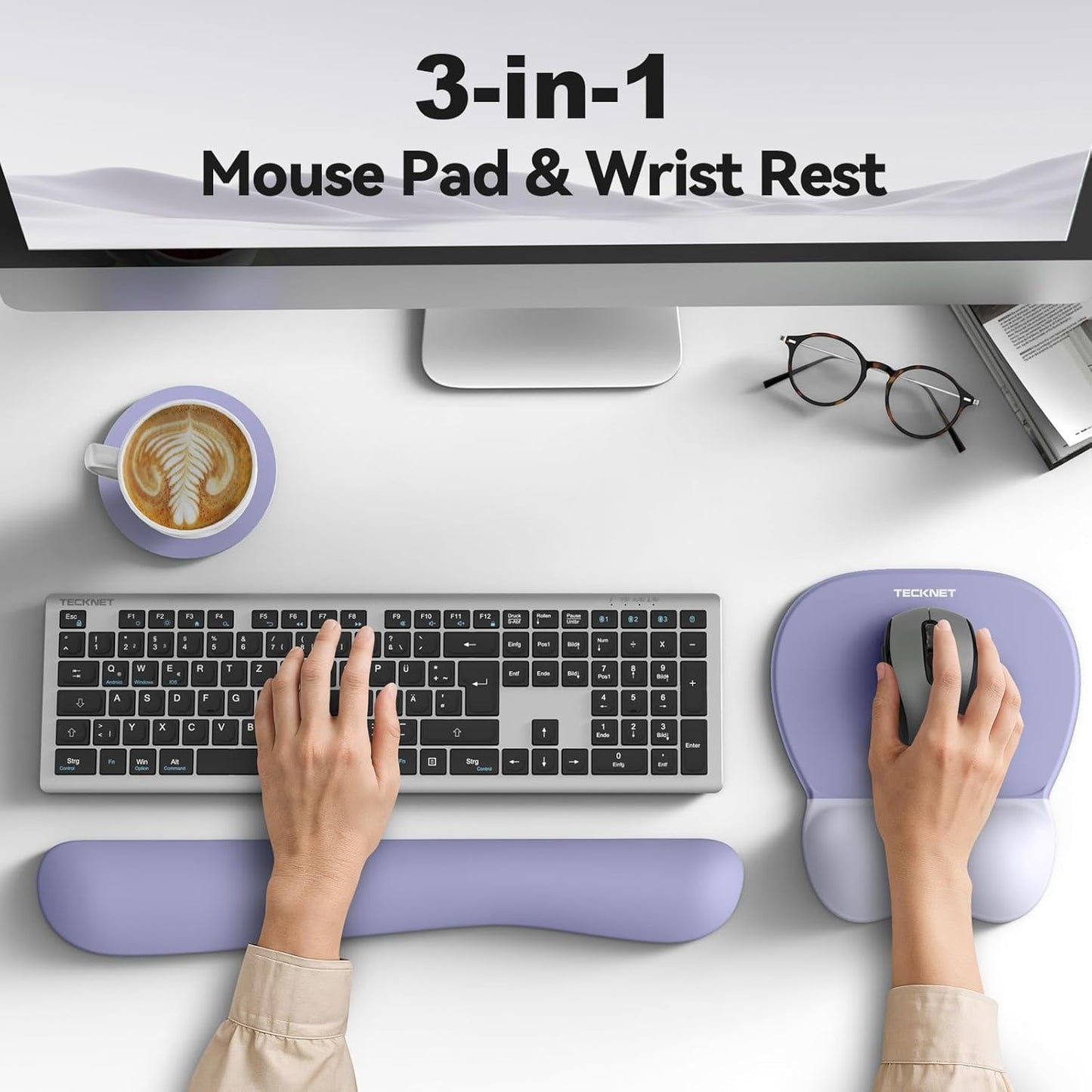 TECKNET Gel Mouse Pad with Wrist Rest, 3 in 1 Keyboard Wrist Rest for Pain Relief, Non-Slip PU Base & Easy Typing, Ergonomic Mousepad Set for Office & Home（Black）