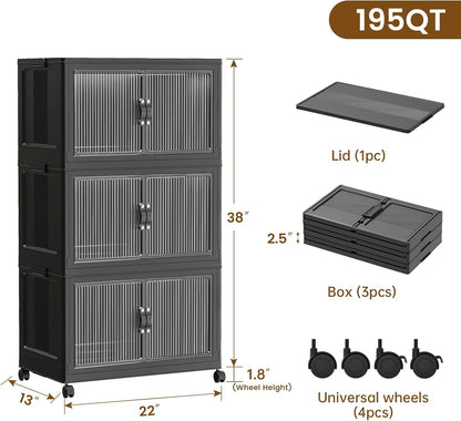 SAILUN 145Gal/580Qt Collapsible & Stackable Storage Bins with Door & a Lid,Perfect for Blanket Storage, Pillow Organizer, Bedroom Closet & Living Room, Black 26" W x 17" D x 71" H
