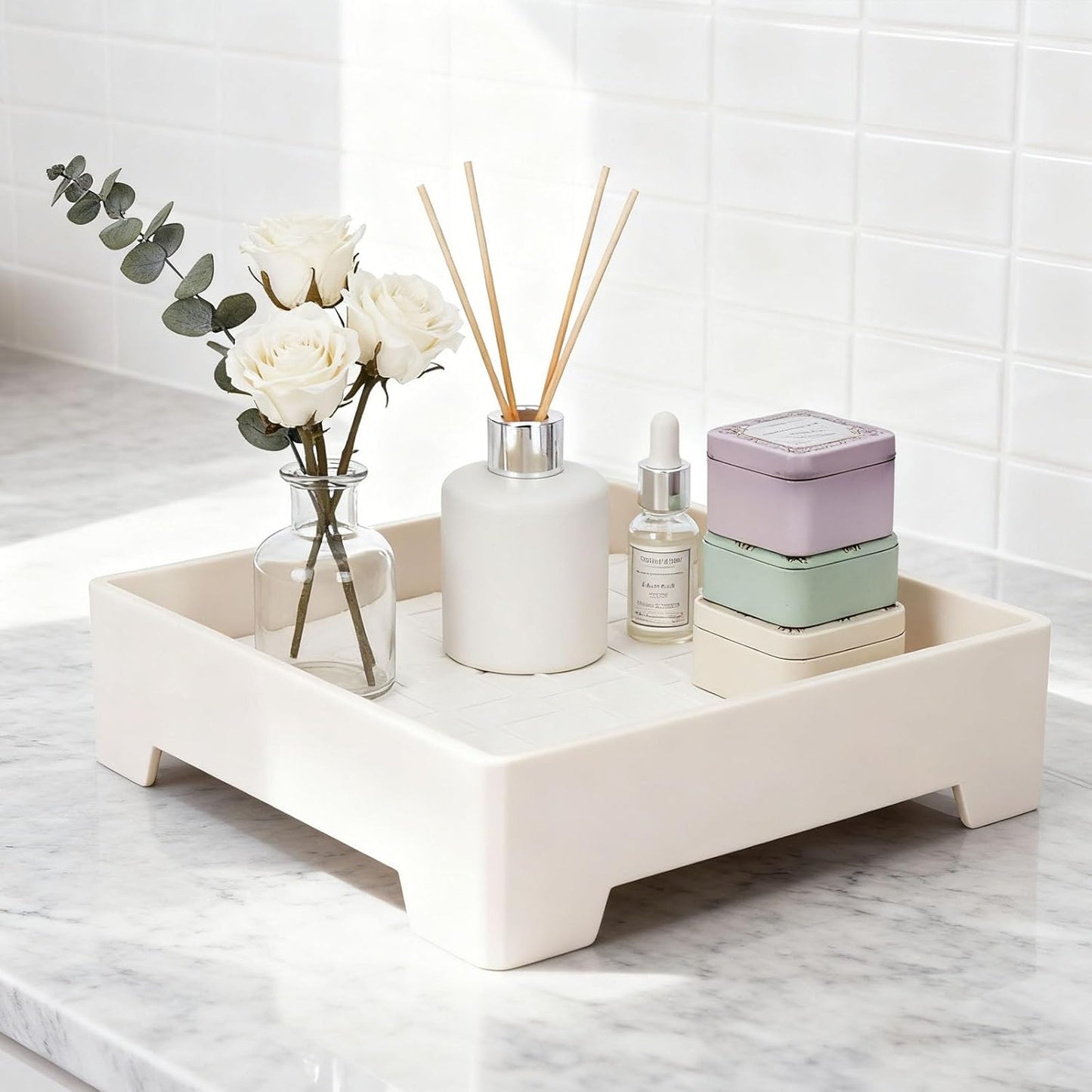 Square Vanity Tray with Cushion, 8" x 8" Desktop Organizer, Valet Tray for Jewelry, Perfume, Keys, Eyewear, Nightstand Catchall Tray for Dresser, Entryway, Living Room, Beige