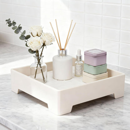 Square Vanity Tray with Cushion, 8" x 8" Desktop Organizer, Valet Tray for Jewelry, Perfume, Keys, Eyewear, Nightstand Catchall Tray for Dresser, Entryway, Living Room, Beige