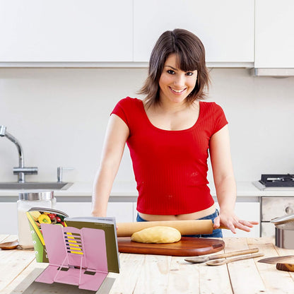 Blizzow Desk Book Stand Holder - Hands Free, Adjustable Metal Stand, Foldable Portable Bookstand - Cookbook, Recipe, Tablet, Music, Documents (Pink)