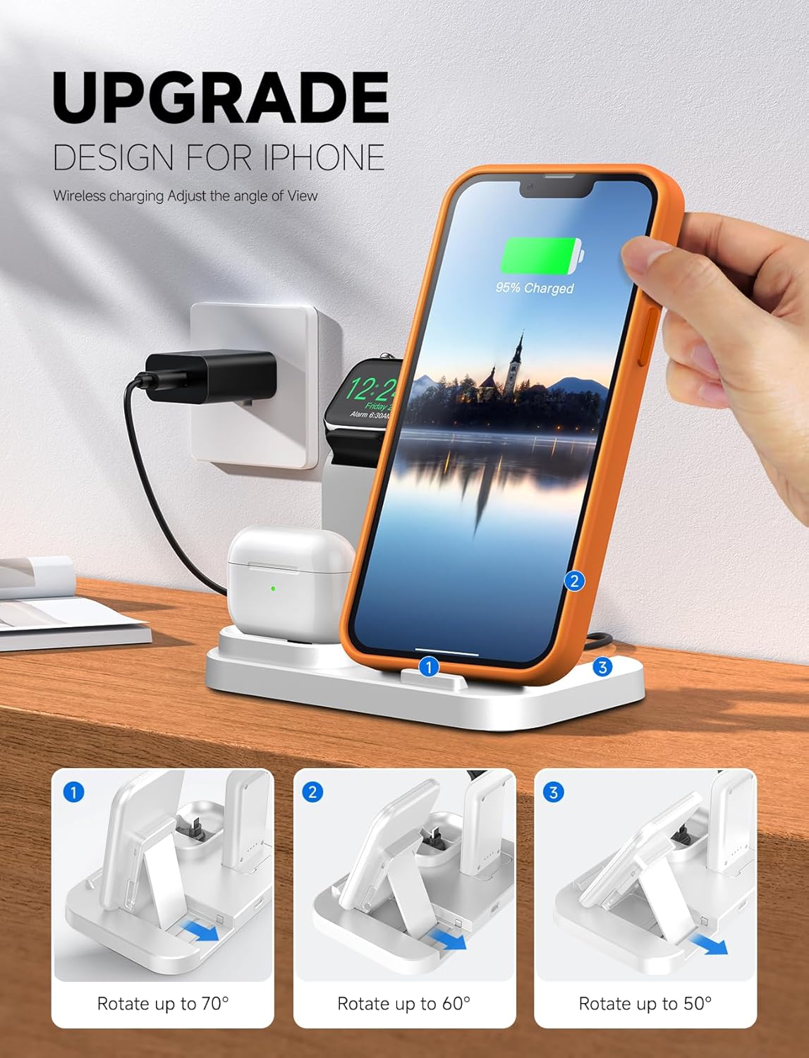 Wireless Charging Station 3 in 1 RJR Compatible with Apple Devices, Charging Dock for iWatch, Built-in Wireless Charger Stand for iPhone Series AirPods Gifts (with 18W Adapter) Graphite Black