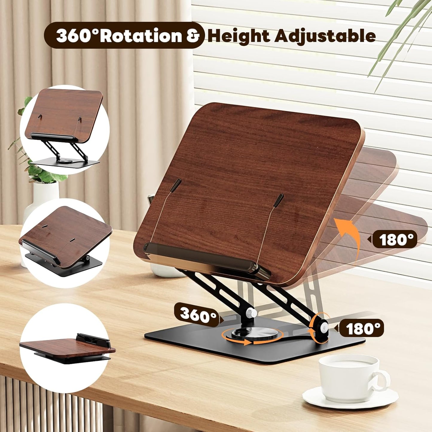 Abiglifty Book Stand for Reading,Adjustable Book Holder with 360° Rotating Base,Foldable Book Holder Stand for Cookbook,Textbook,Tablets, Laptops (Dark Wood)