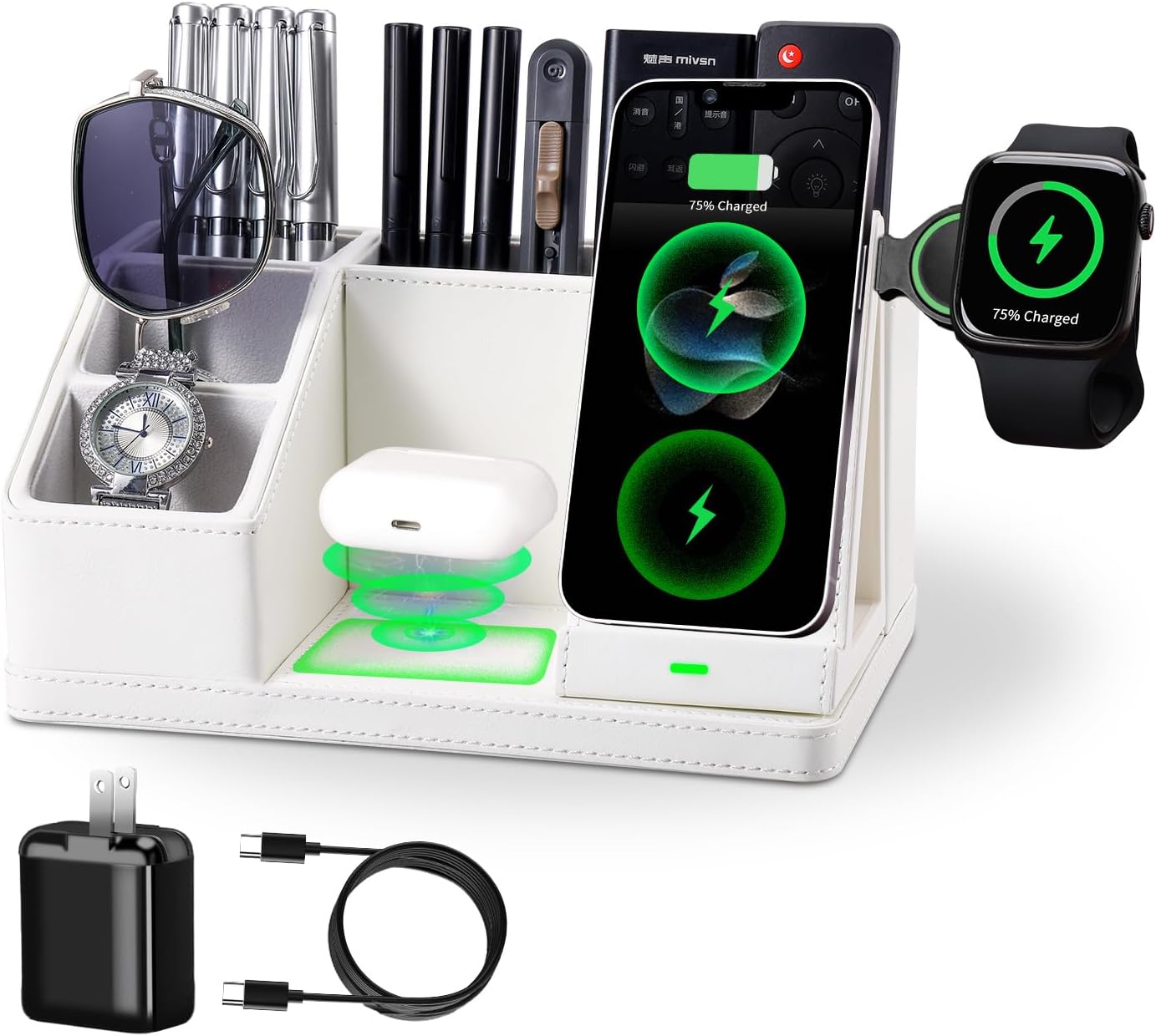 White Leather Desk Organizer with Wireless Charger – 3-in-1 Charging Station for Phone, Watch & Earbuds, 4-Compartment Remote & Office Supplies Caddy for Home Office, Gifts for Women & Men (white)