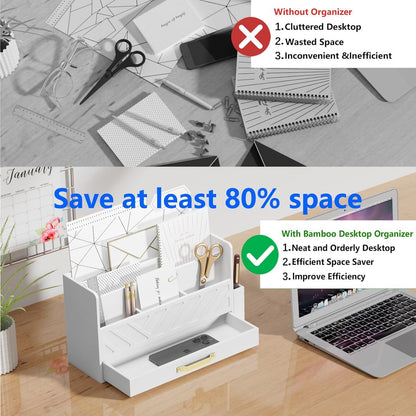 WISUCART Bamboo Desk Organizer Mail Holder Countertop Wood Desk Drawer Tabletop Storage Box Pen Holder Letter Sorter Makeup Organizer for School Home Office Supplies with Pen Holder White