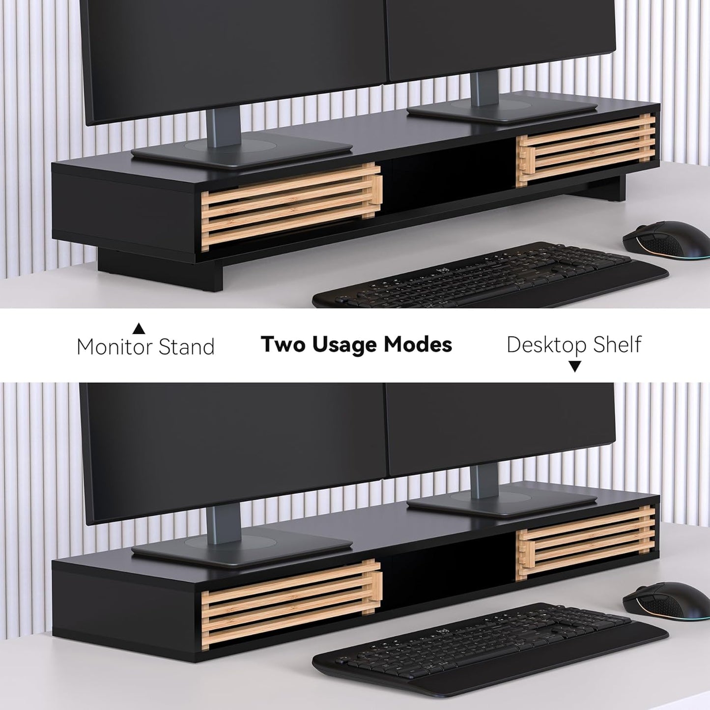 Monitor Stand Riser with Sliding Door, Computer Laptop Stand Desk Shelf Organizer with Storage (Natural Bamboo, 25 Inch)