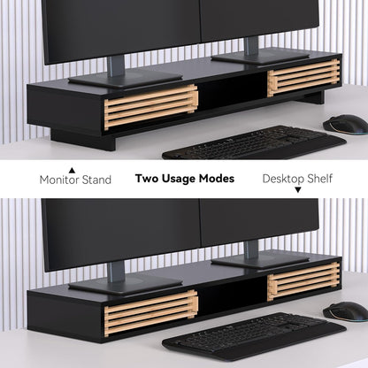 Monitor Stand Riser with Sliding Door, Computer Laptop Stand Desk Shelf Organizer with Storage (Natural Bamboo, 25 Inch)