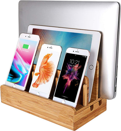 Bamboo Wood Multi-Device Desktop Dock Station Charger Holder Charging Cradle Charge Stand Compatible for iPhone 16 15 14 13 12 11 Pro Max XS XR X iPad 3 4 Mini Pro Air Samsung Huawei Smartphones