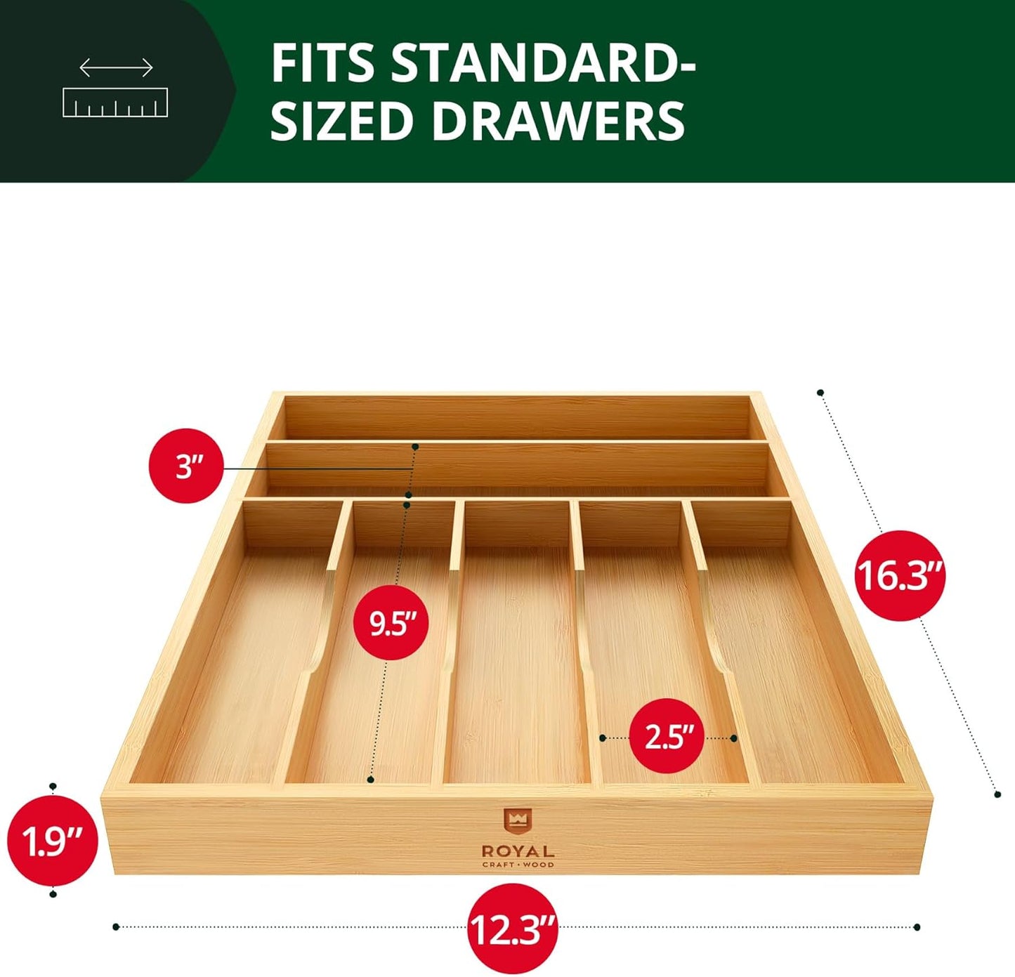 ROYAL CRAFT WOOD Luxury Bamboo Kitchen Drawer Organizer - Silverware Organizer, Utensil Holder & Cutlery Tray Drawer Dividers for Flatware (9 Slot, Natural)