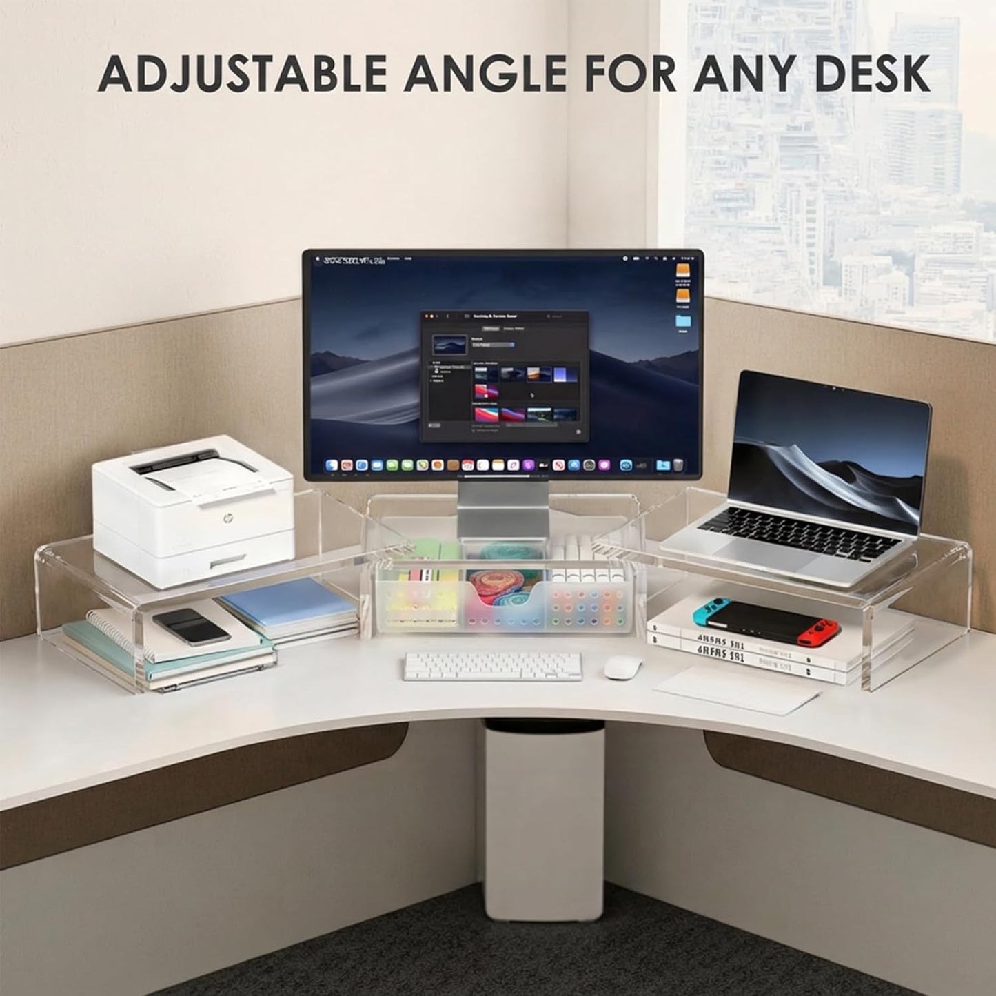OPNICE Clear Acrylic Desk Organizers and Accessories, Dual Monitor Stand Riser with Drawer, Desk Shelf Computer Racks for Office Workspace Organizers, Desktop Organization (Transparent)