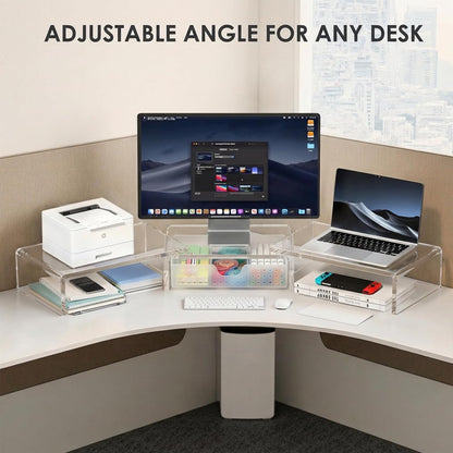 OPNICE Clear Acrylic Desk Organizers and Accessories, Dual Monitor Stand Riser with Drawer, Desk Shelf Computer Racks for Office Workspace Organizers, Desktop Organization (Transparent)