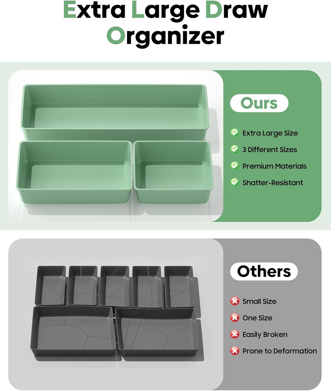 10 Pack Large Size Plastic Drawer Organizers Set, 3 Sizes Desk Drawer Organizer Trays, Storage Bins for Vanity, Makeup, Bathroom, Kitchen Utensils and Office (Black)