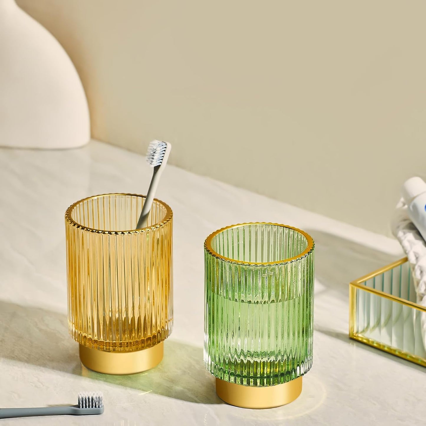Makeup Brush Holder Organizer,Toothbrush Holders,Desk Pen Pencil Holder,Multifunctional Vintage Glass Brush Cup（L/Green/A3-6-US）