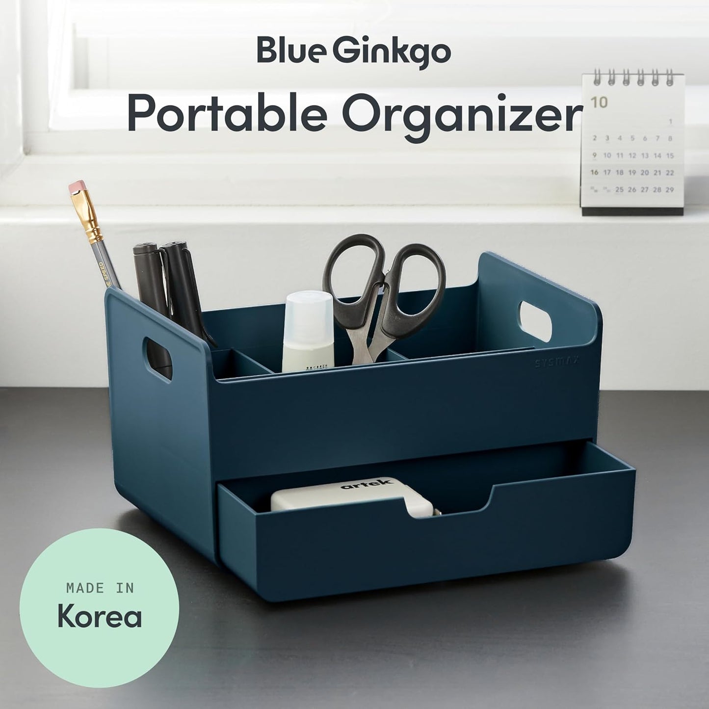 BLUE GINKGO Compact Desk Organizer – Small 5-Compartment, Half Drawer Storage – Pen Holder, Stationery Organizer for Desktop, Vanity, Shelf (Made in Korea, Green)