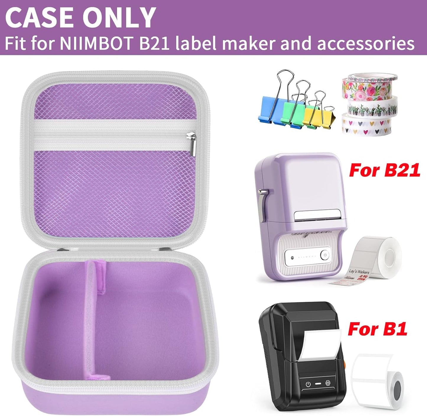 ALKOO Case Compatible with NIIMBOT B21 / B1 Label Maker Wireless Thermal Label Printer, Holder for Inkless Label Maker & Labeling Tapes Refills, with Mesh Pocket for Cable Accessories (Purple)