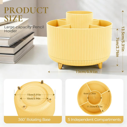 KONVINIT Pencil Pen Holder for Desk, 5 Slots 360 - Degree Rotating Desktop Organizer, Cute Desk Organizers and Accessories for School, Home, Office and Art Supply, Beige