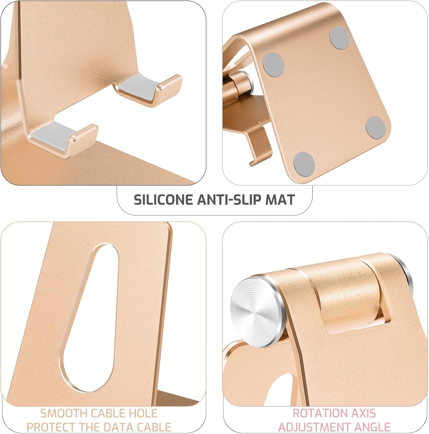 Adjustable Aluminum Alloy Cell Phone Stand, Tabletop Metal Phone Holder,Desktop Phone Dock,Smartphone Cradle,Gold