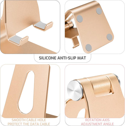 Adjustable Aluminum Alloy Cell Phone Stand, Tabletop Metal Phone Holder,Desktop Phone Dock,Smartphone Cradle,Gold