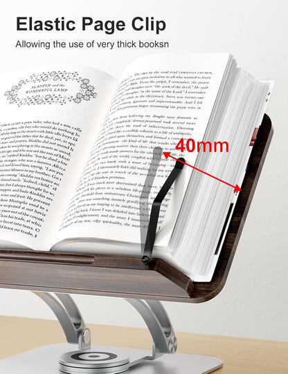 Tounee Book Stand for Reading, Adjustable Book Holder with 360° Swivel Base, Foldable Cookbook Stand Recipe Book Holder with Elastic Page Clips for Music Scores, Recipe, Tablet, Laptop-Gray