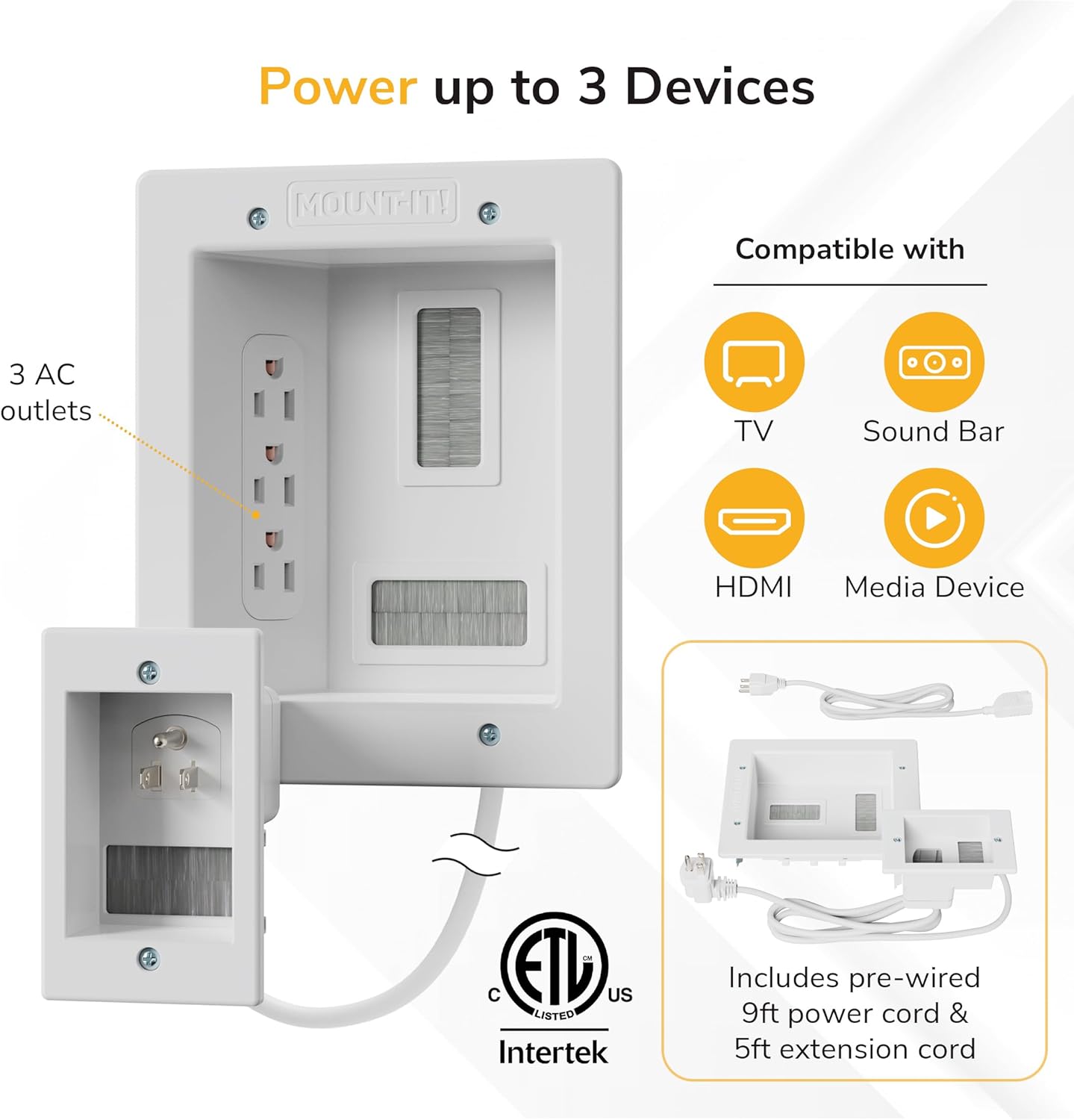 Mount-It! in-Wall TV Cable Concealer Kit with Recessed Power – Triple Outlet, 9ft Cord, and Hand Saw – Easy, Safe Cable Management for Organized TV and Home Theater Setups