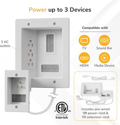 Mount-It! in-Wall TV Cable Concealer Kit with Recessed Power – Triple Outlet, 9ft Cord, and Hand Saw – Easy, Safe Cable Management for Organized TV and Home Theater Setups