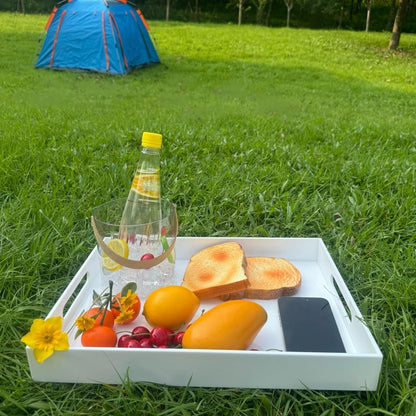 KEVLANG Clear Sturdy Acrylic Serving Tray with Handles-12x16Inch-Serving Coffee,Appetizer,Breakfast,Butler-Kitchen Countertop -Makeup Drawer Organizer-Vanity Table -Ottoman