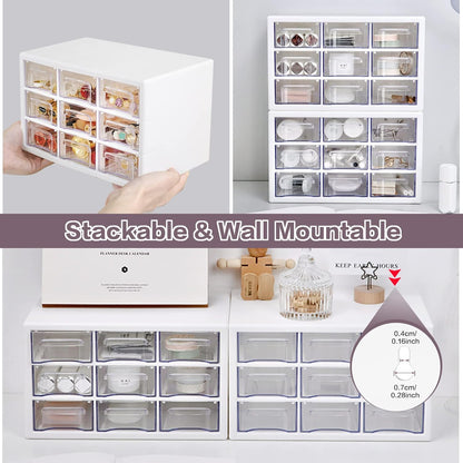 Desk Storage Organizer with 9 Drawers, MYKASEN Clear Plastic Storage Cabinet, Stackable Desk Storage Box for Makeup Office Craft Hardware Art Supplies, 9.8x6.3x5.9inch(White)