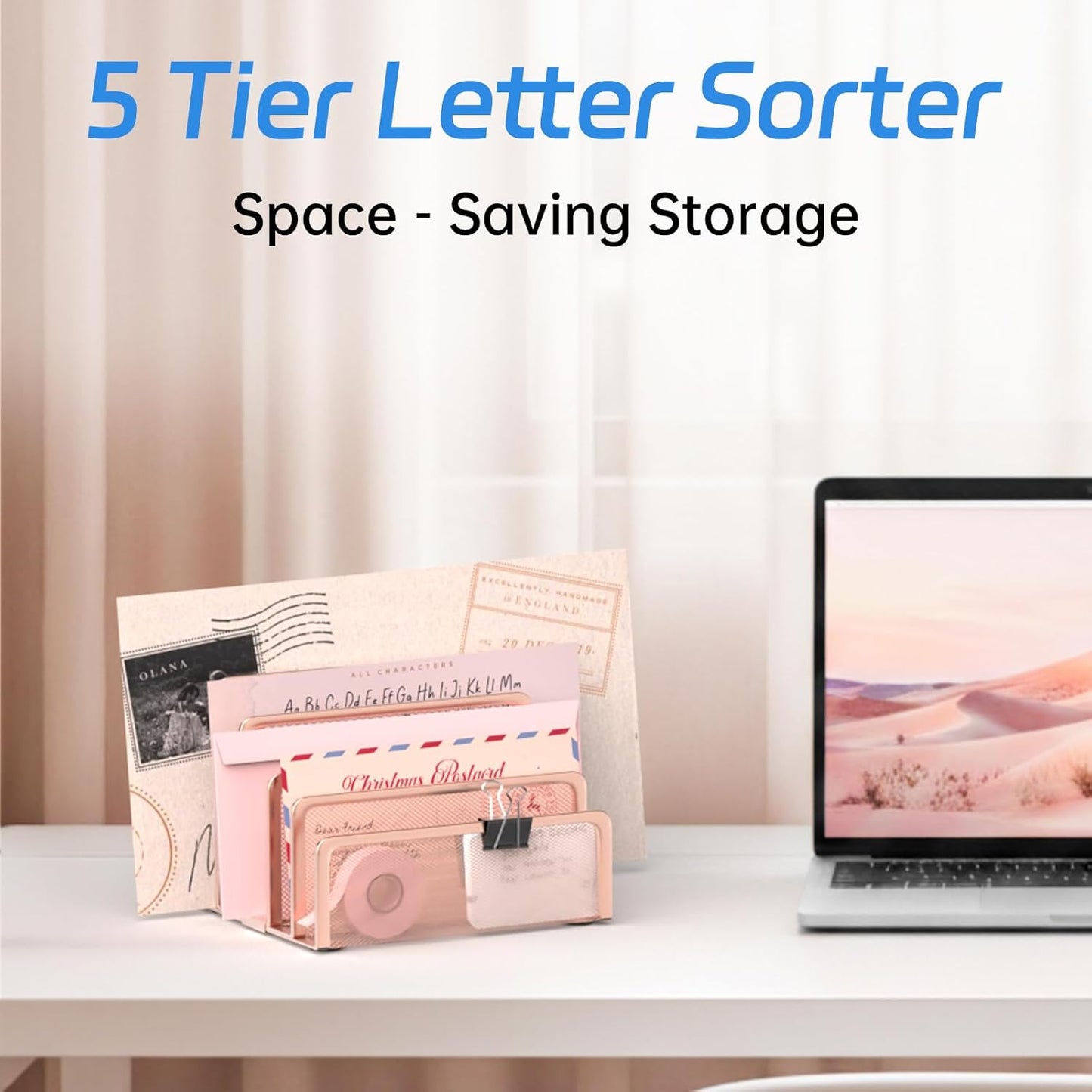 Mail Organizer Countertop with 5 Slot, Metal Mail Holder for Desk, File Holder Letter Sorter for Envelope, Bill and Document (Rose Gold)