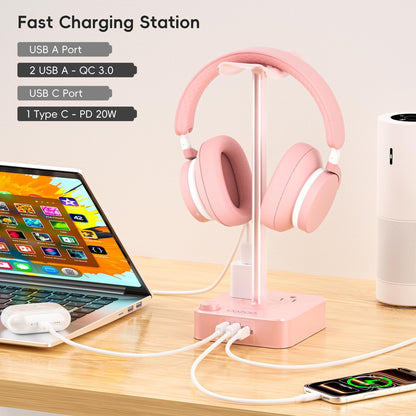 COZOO Headphone Stand with USB Charger Desktop Gaming Headset Holder Hanger with 3 USB Charging Station and 2 Outlets Power Strip,Suitable for Gaming, DJ,Wireless Earphone Display, Gamer Gifts for Men